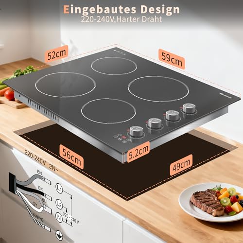 Karienvir Glaskeramikkochfeld 4 Platten, Knopf & Touch-Steuerung, Eingebautes Keramikkochfeld 60cm, 6000W, Herdplatte 4 Kochfelder Einbau mit Sicherheitssperre, Zeitschaltuhr, Pausenfunktion