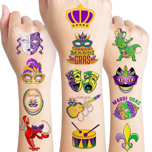 105 PCS Mardi Gras Temporary Tattoos Sticker Fat Tuesday Festival Carnival Masquerade Celebration New Orleans Birthday Party Decorations Supplies Favors Gifts Girl Boy Cute Tattoo School Reward Themed