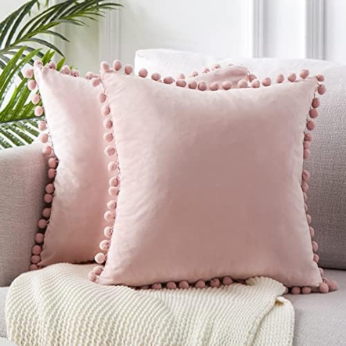 Top Finel Decorative Throw Pillow Covers 18 x 18 Inch Soft Particles Velvet Solid Cushion Covers with Pom-poms for Couch Bedroom Car 45 x 45 cm, Pack of 2, Blush Pink