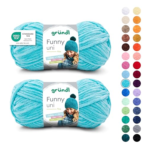 Gründl Wolle Funny uni - dicke weiche Chenille Wolle zum Häkeln - Häkelwolle - Strickwolle - Kuschelig und hautfreundlich - 100% Polyester - 2 Knäuel 100 g / 120 m - Nadelstärke 5-6 - Türkis