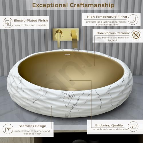 Image of Plantex Table Top Wash Basin For Bathroom /Designer Ceramic Basin /Countertop Vessel Sink Basin - Indo-European Collection (White & Gold - 24 x 16 x 7 Inch)