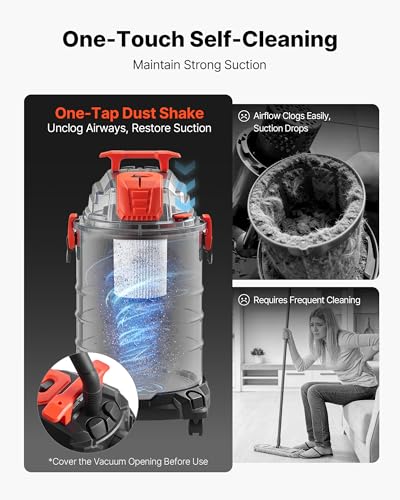 Image of VEVOR Shop Vac, 8 Gallon Wet Dry Shop Vacuum, 6 Peak HP with One-Button Self-Cleaning, Dual-Filter, 900W Input Power, 1.25in x 7ft Hose, 9.8ft Cord, Metal Tank for Jobsite, Workshop, Garage, Home