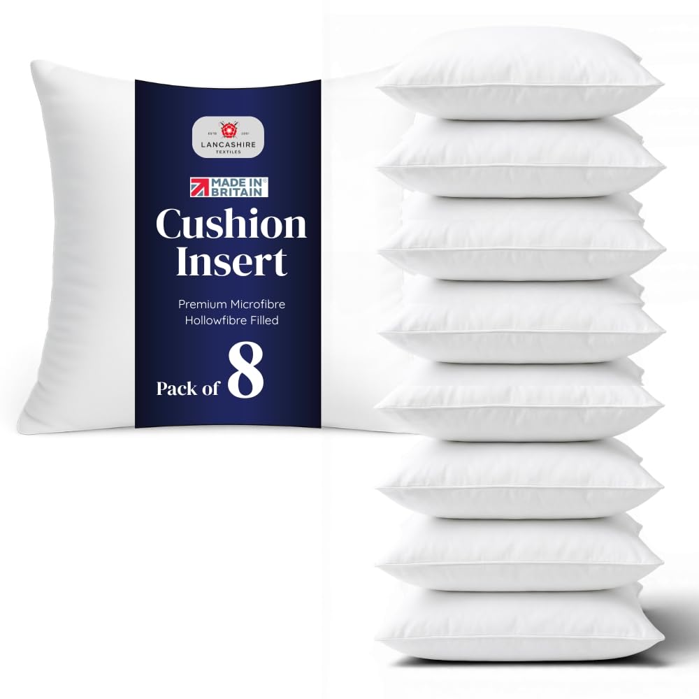 Lancashire Textiles 8 Pack Cushion Pads 12x12 Inch (30x30cm) – Premium Hollowfibre Cushion Inserts, Soft Microfibre Sofa Cushion Inner Pads, Hypoallergenic Scatter Cushions Made in Britain