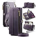 Asuwish Phone Case for iPhone 17 6.3 inch Zipper Wallet Cover with Screen Protector and Crossbody Lanyard Strap Flip RFID Blocking Card Holder Cell i Phone17 i17 17Case Women Girls Purple