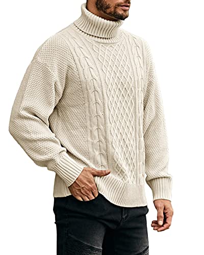 Runcati Men's Turtleneck Pullover Sweater Cable Knitted Twisted