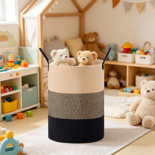 Image of 58L Tall Cotton Rope Laundry Basket with Handles, Brown & Black