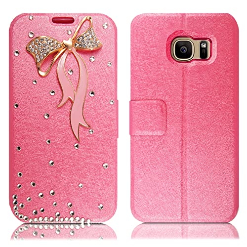 Case for Samsung Galaxy S6 Edge, Bling Glitter Diamond Bowknot Shiny Crystal Rhinestone Leather Card Slot Wallet Flip Magnetic Stand Girly Female Woman Lady Phone Cover, Pink Bow Ribbon On Pink