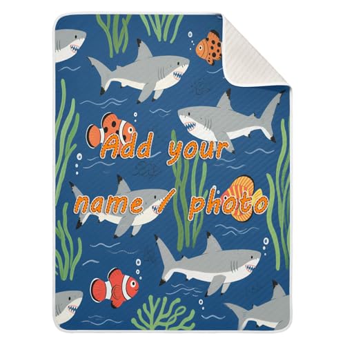 Custom Marine Animal Shark Grass Fish Dark Blue Crib Blanket Soft para personalizados Picture Monogrammed Blankets for Girls or Boys 30x40in mantitas para Bebes recien nacidos