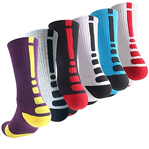 Boys Sock Basketball Soccer Hiking Ski Athletic Outdoor Sports Thick Calf High Elite Crew Sock 6 Pack B, Size M