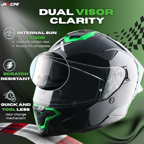 Image of Axor Brutale Corsa Helmet - Dual Spoiler | ECE 22.06, ISI & DOT Certified | Race-Ready Fit with D-Ring & UV-Protected Visor-Black Green, Size:XL