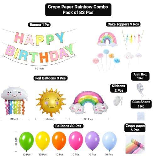 Image of Party Propz Rainbow Birthday Decoration Kit - 83 Pcs Birthday Decoration Items with Rainbow Cake Toppers, Foil Balloons, Balloons for Decoration, Crepe Paper and Jumbo Birthday Banner (Latex, Foil)