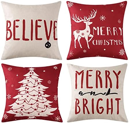 JOLLYTOP Cushion Covers Christmas Decoration Pillow Cases for Home Xmas Pillow Cover with Letter Cushion Cover with Snowflake Deer Farmhouse Pillowcovers, Pack of 4, Red,18x18 inches