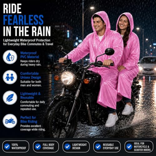 Image of OTOROYS Waterproof Long Rain Coat with Hood for Men, Women, Boys & Girls | Universal Full Length Reusable PVC Raincoat | Lightweight Portable Rain Ware for Bike Riding, Travel & Outdoor, Pink