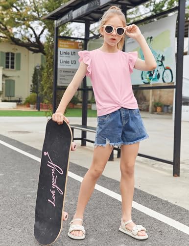 Image of Arshiner Girls Shirt - Short-Sleeve Twist Front T-Shirt for Girls with Cute Flying Sleeves - Summer Blouse Tunic Tee Tops