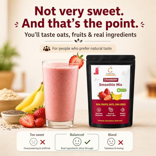 Image of Crevea Strawberry Smoothie Mix (Serves 7-8) | Real Fruit, Oats, Chia & Brown Rice Protein | Breakfast & Healthy Snack Drink | Not too sweet | Source of Protein & Fiber | No Added Preservatives | Healthy Shake | 210g