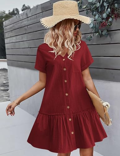 Image of HOTOUCH Women Button Down Dress Loose Summer Cotton Linen Dress Ruffle Hem Casual Dress Short Sleeve Tunic Dress