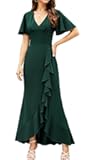 Womens Split Long Formal Dresses V Neck Short Sleeve Ruffle Evening Cocktail Bodycon Dress