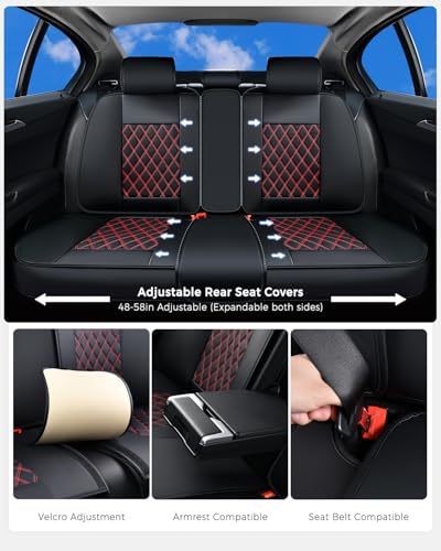 Image of Huidasource Rear Seat Cover, Nappa Leather Back Seat Cover Velcro Adjustable, Compatible with Armrests, Seat Belts, Child Safety Seats, Fit for Most Cars SUVs Trucks (Back Row /Black&Red)