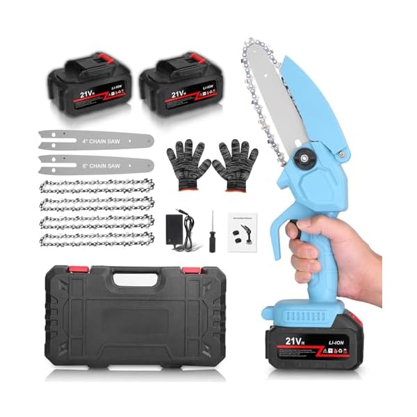 Mini Chainsaw, 6 & 4 Inch Cordless Mini Chainsaw with 2 Pack 21V 2200mAh Batteries, Replacement Chain and Safety Lock, 28FT/S Speed, Upgraded Portable Handheld Electric Chainsaw for Wood Tree Cutting