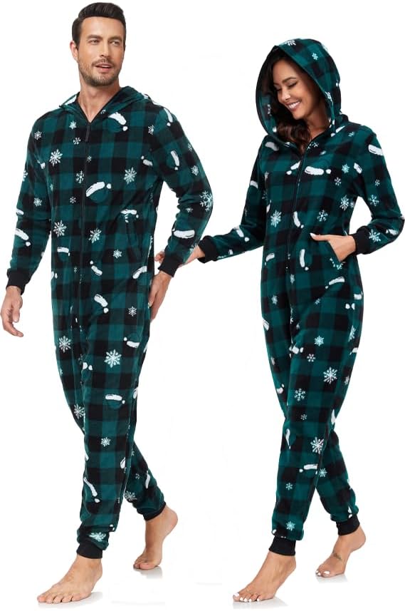 COLORFULLEAF Christmas Onesie Pajamas Adult Family Couples Matching Plaid Hoodie Suit Zipper Fleece Pj For Women and Men