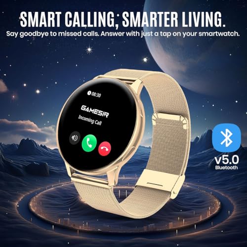 Image of GameSir Active 5 Smart Watch AMOLED Display 1.3 inch Screen, 360 * 360 Resolution, IP68 Waterproof with Multiple Watch Faces Bluetooth Calling Round Dial Smartwatch for Men & Women (Millanese Gold)