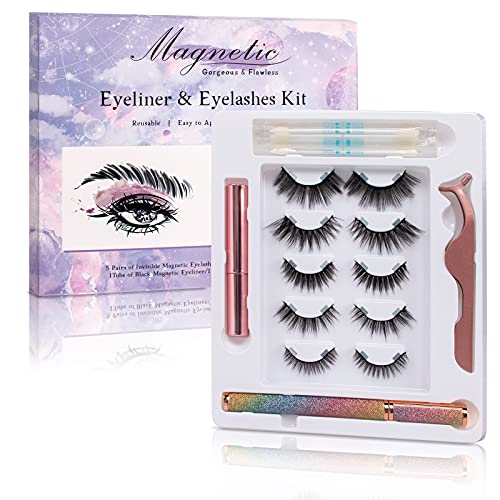 Buqikma Magnetic Eyelashes with Eyeliner, 5 Pairs 3D Reusable Magnetic Eyelash Kit with Applicator Tool Tweezers False Eyelashes Natural Looking and Remover No Glue Lash Pack (5 Pairs)