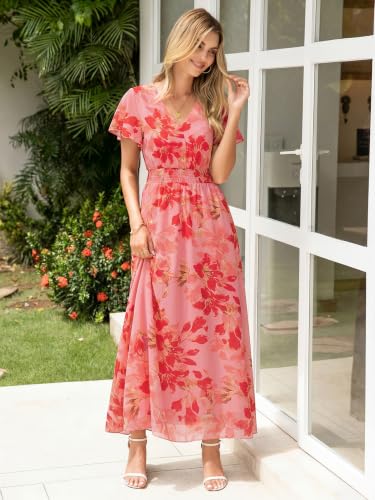 Image of Simplee Womens Floral Maxi Dress - Short Sleeve Summer Boho Wedding Guest Dress Empire Waist Chiffon Modest Midi Dresses