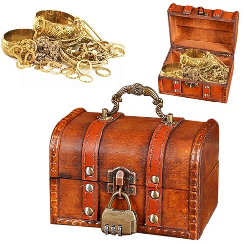 LPAMABA Coffre au Trésor Vintage Pirate avec Cadenas - Coffre en Bois Petit Coffre de Rangement Pirate pour Stockage Décoration, 14x10x10cm