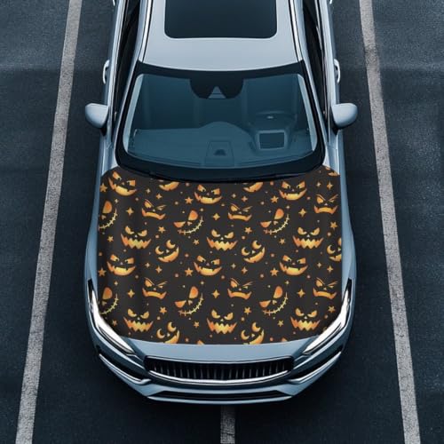 Image of Pumpkin Face Hood Cover for Car, Halloween Pumpkin Face Car Hood Cover 3X5FT Stretchable Polyester Fabrics Automotive Exterior Accessories for SUV Sedans Trucks