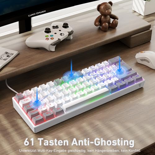 TECURS Mechanische Gaming Tastatur mit Blue Switches (kabelgebunden) - QWERTZ DE Layout, LED Hintergrundbeleuchtung, Kompakte 60% Tastatur für PC/Windows/PS5/PS4 - Weiß und Grau – Bild 6