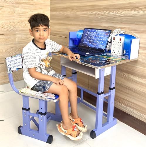 Image of Toby Multifunctional Baby Desk /Kids Study Table and Chair Cartoon Printed Height Adjustable Bench Metal Chair