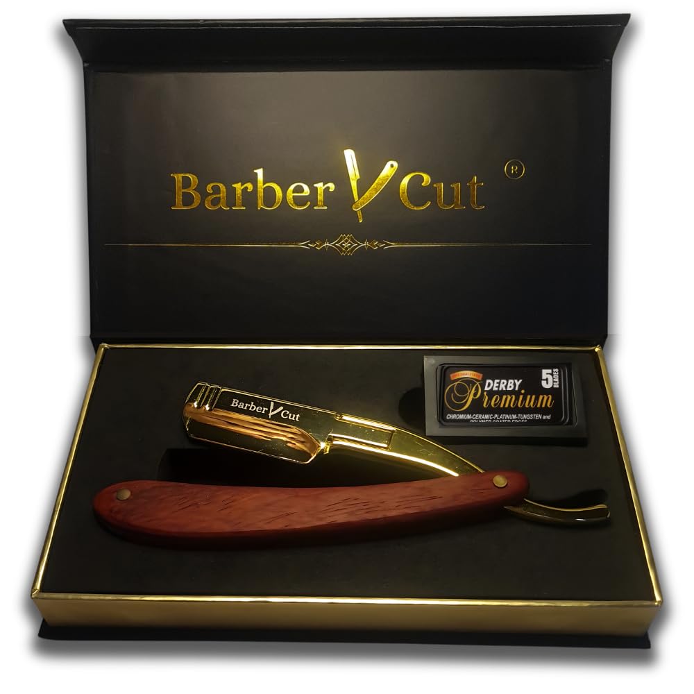 Rasoir homme Barber Cut coffret cadeau acier inoxydable Or bois précieux kit barbe 5 doubles-lame rasoir professionnel