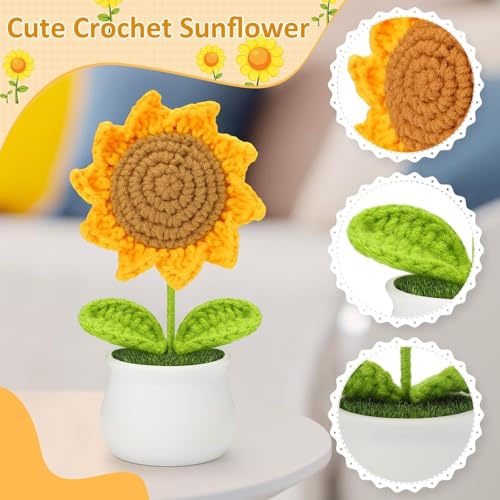 Image of Artificial Crochet Flower Bouquet Handmade Cotton Flowers Bunch for Home Decor, Gift for Girls, Wedding, Festival Decoration, Long Lasting Floral Arrangement (Sunflower Pot)