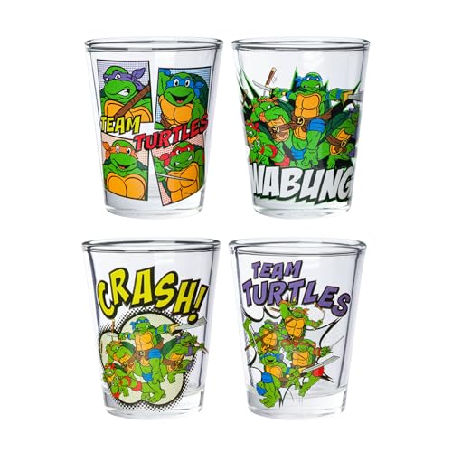 Image of Silver Buffalo Teenage Mutant Ninja Turtles TMNT Featuring Leonardo, Rapheal, Donatello, and Michelangelo 4 Pack Mini Glass Set, 1.5 Ounces
