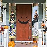 Halloween Decoration Haunted Mansion Stretching Portraits Outdoor Vinyl Door Banner, 2pcs Haunted Mansion Porch Sign Banner Halloween Vintage Horror Poster for Home Wall Decor Art Photo Hanging Banner