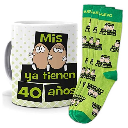 mundohuevo Taza trio de y calcetines, originales y personalizados, regalo cumpleaños. Mis huevos ya tienen 40 años. 1 calcetin gratis por el que se te pierde