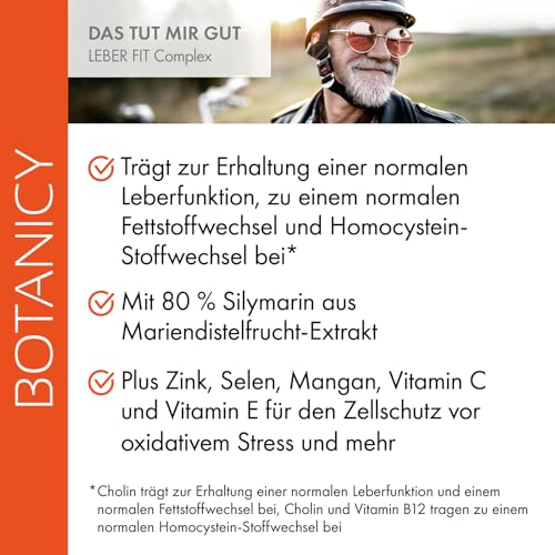 BOTANICY Leber Fit Complex - 60 Mariendistel Kapseln - Unterstützt Leber Funktion - 200mg Silymarin aus Mariendistel - Plus Cholin, Zink, Mangan, Selen und 4 Vitamine - Laborgeprüft in Deutschland