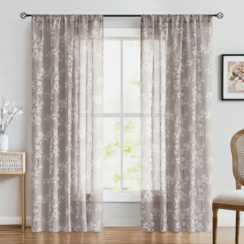 Image of FMFUNCTEX Linen Sheer Blossom Floral Print Curtains Taupe 84 Inch 2 Panels