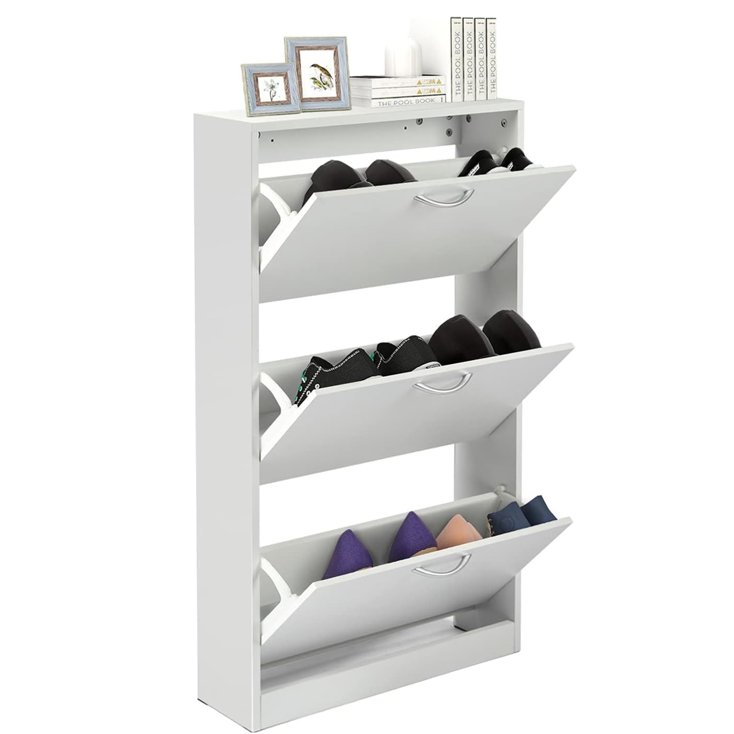 GRAVFORCE Schuhschrank Schmal mit 3 Klappen Schuhkipper 58Bx17Tx105H (Weiß) | Flip Down Schuhregal Holz Flurschrank platzsparend für Eingangsbereich, Wohnung, shoe cabinet ideal für schmale Flure