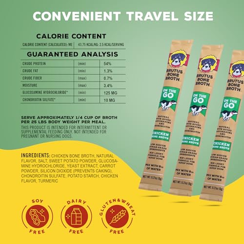 Image of Brutus Bone Broth for Dogs - Bone Broth Powder with Chondroitin Glucosamine & Turmeric - Human Grade Food Toppers for Dry Food & Picky Eaters - 10 Stick (Chicken)