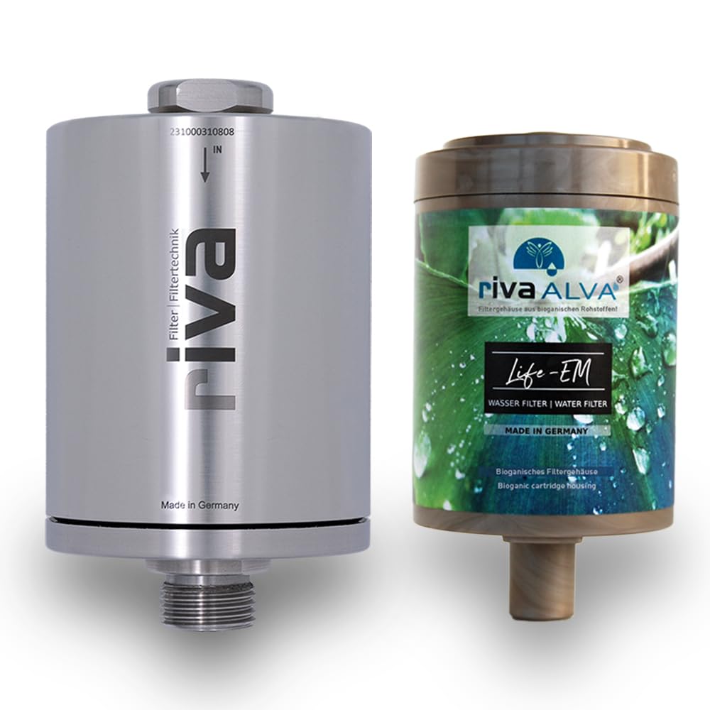 rivaALVA Life EM Edelstahl Wasserfilter - Vitalisierender Filter aus Edelstahl mit Blockaktivkohle, EM-Keramik und bioganischem Kartuschengehäuse