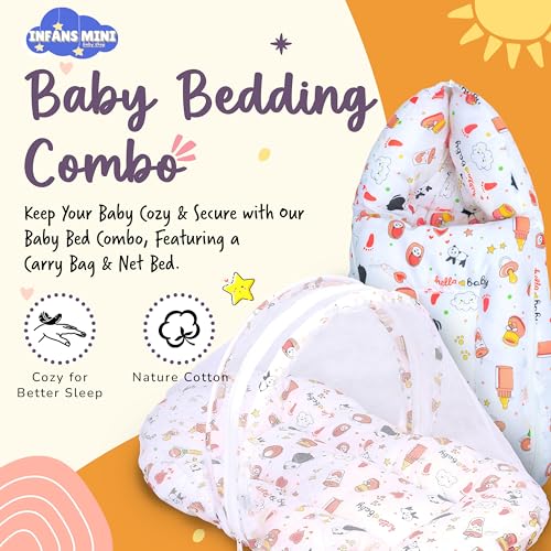 Image of Cotton Baby Bedding Set for New Born Baby Sleeping Bag, Mosquito Net Bed Suitable Upto 6 Months Babies (Panda Orange), 500 TC