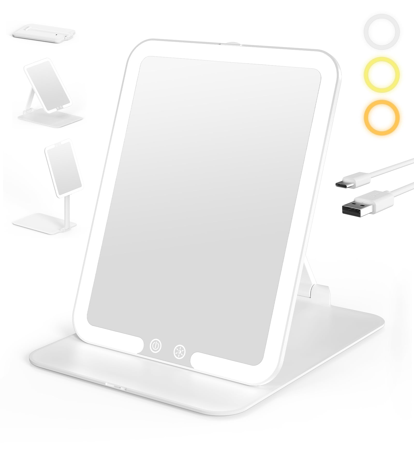 Imagen del producto: XXZU Espejo con Luz para Maquillaje Plegable, 58 LED Espejo Maquillaje con Sensor Inteligente, 3 Modes de Color y Atenuación Continua, 1500 mAh Espejo de Mesa Ajustable en Altura y Ángulo