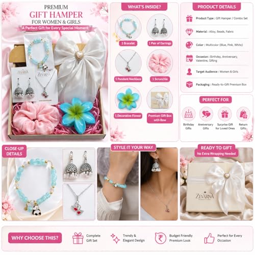 Image of Gift Hamper for Woman & Girls Under 300 | Cute Accessories Gift Set with Earrings, Bracelet, Necklace & Scrunchie | Birthday Gift for Girlfriend, Sister, Teen Girls | Kitty Party Return Gifts | Set of 6 Items - Perfect For Rakhi Gift | Random Colors and Designs for Surprise
