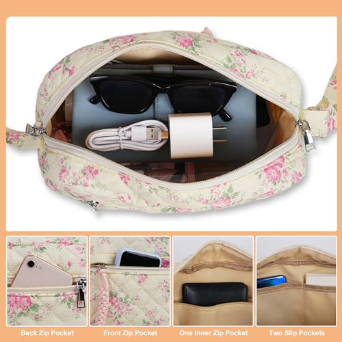 2 PCS/Set Small Cute Floral Quilted Crossbody Bag with Multi-Pockets for Women, Tote Shoulder Everyday Handbags3