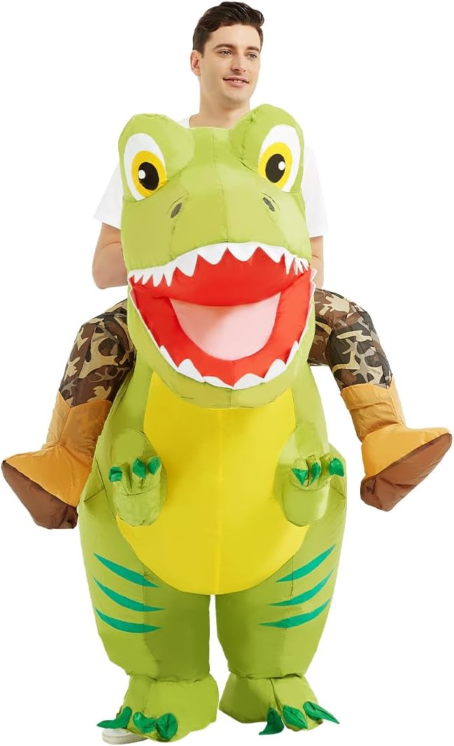 COMIN Inflatable Dinosaur Costume for Adults, Ride on Dinosaur Blow Up Dino Costume Green Costume for Halloween Party