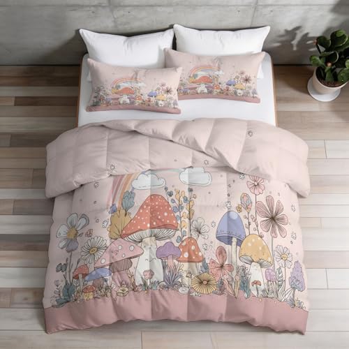 Couette 220x240 rose réversible en microfibre douce avec motif champignon