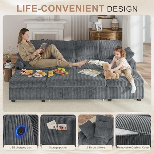 Image of Hanherry 104 inch Sectional Couch with Pull Out Sofa Bed,Corduroy Sleeper Sofa with Storage Ottoman & USB Charging,Comfy L Shaped Modular Couches for Living Room,Apartment
