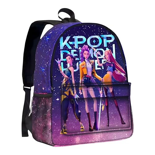 Anime-Inspired Galaxy Design Backpack, Purple Starry Night Theme School Bag with Animated Characters