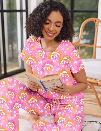 Image of Ekouaer Pajama Sets for Women Round Neck Pjs Short Sleeve Sleepwear with Long Pants Loose Lounge Sets